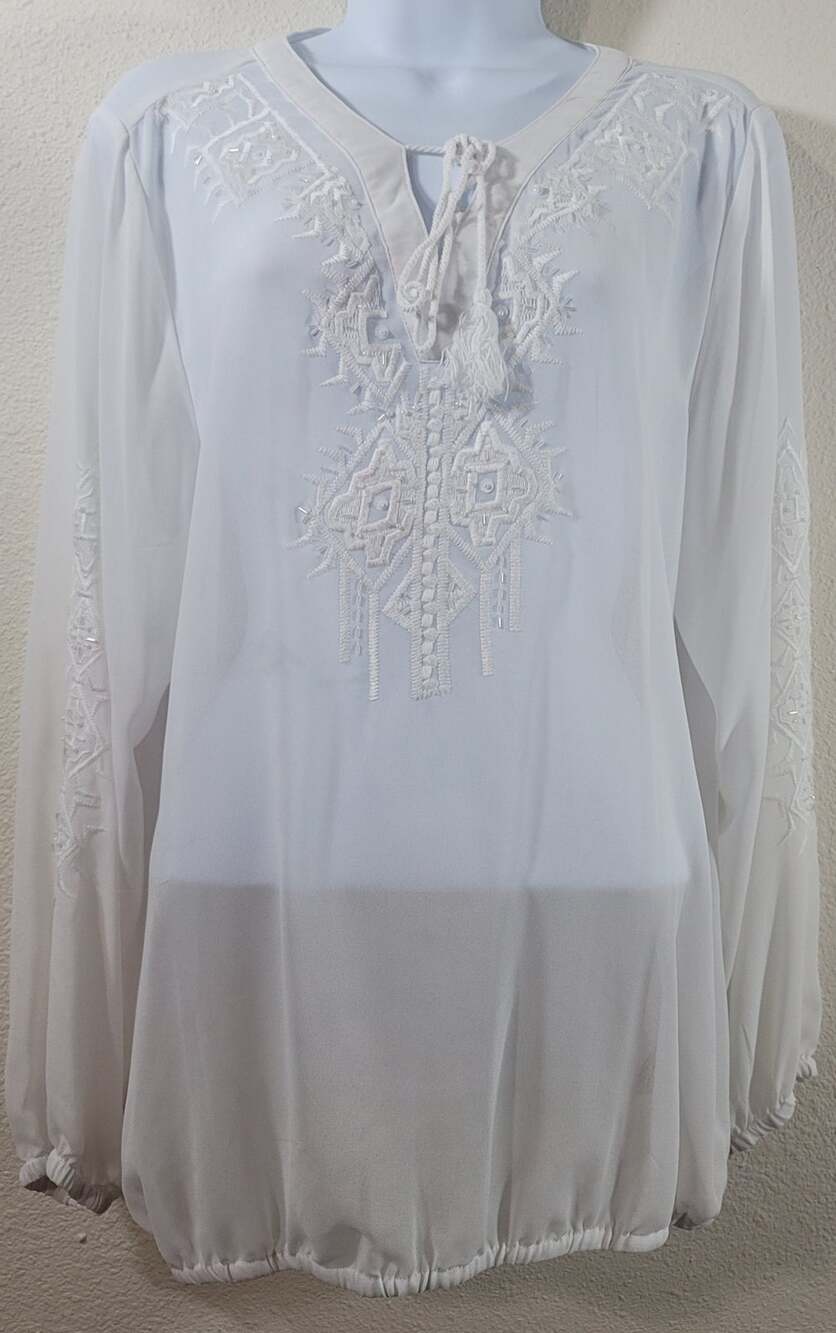 Lane Bryant White Beaded Embroidered Bodice Sheer Top 14 16 Lightweight Soft